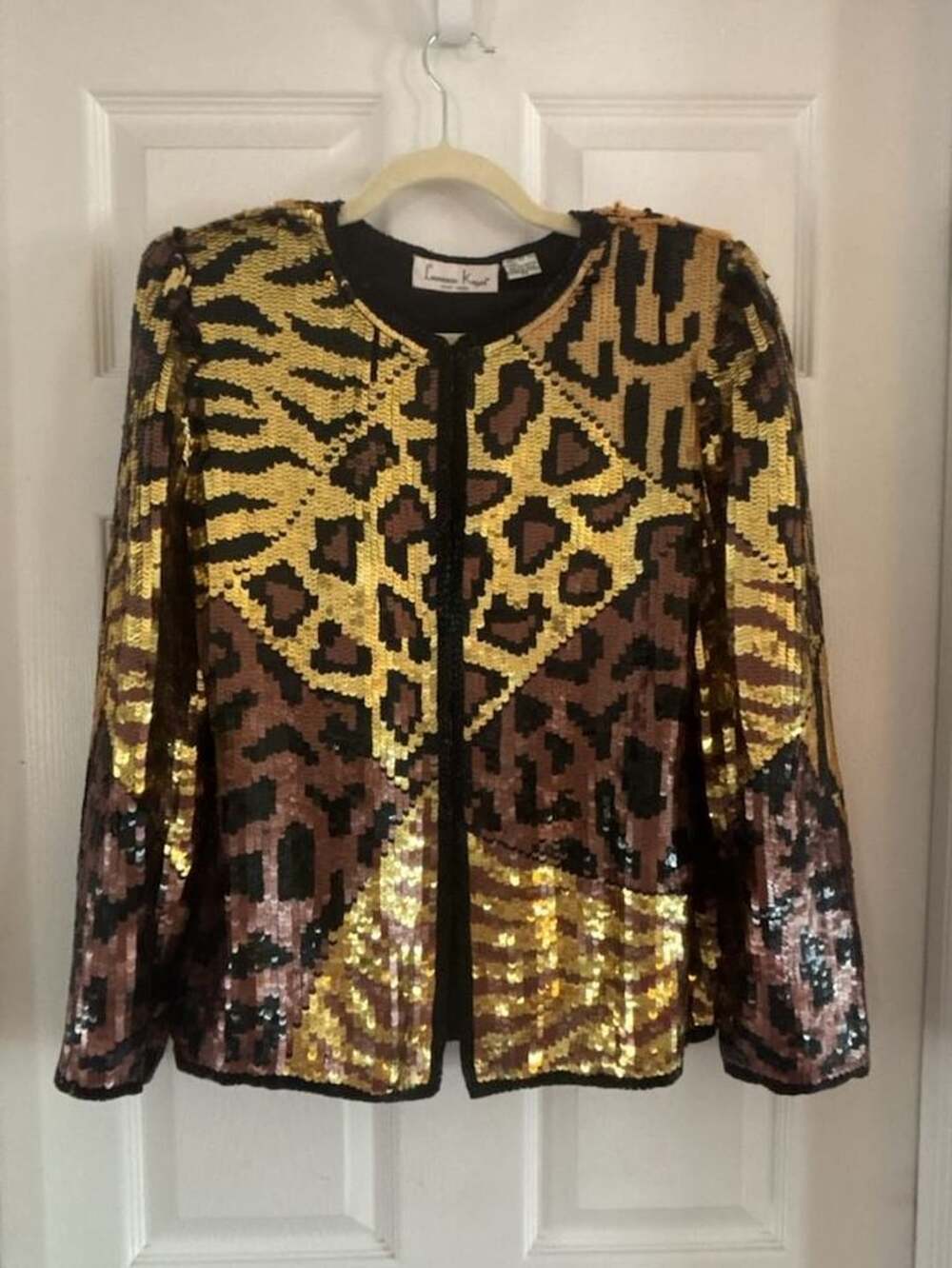 Laurence Kazar New York Vintage Sequin Silk Animal Print Blazer Jacket PS